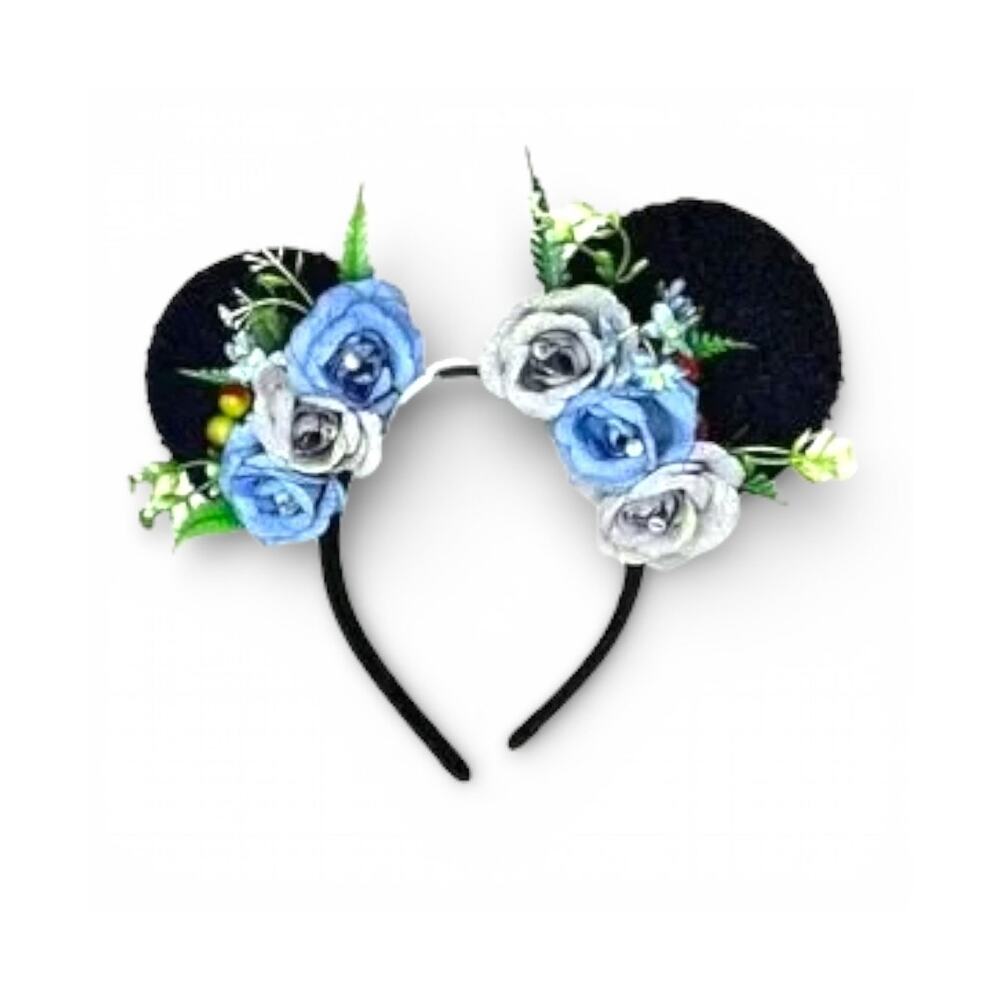 Handmade Floral Mouse Ears Headband Blue Lavender Flower Garden Festival Style